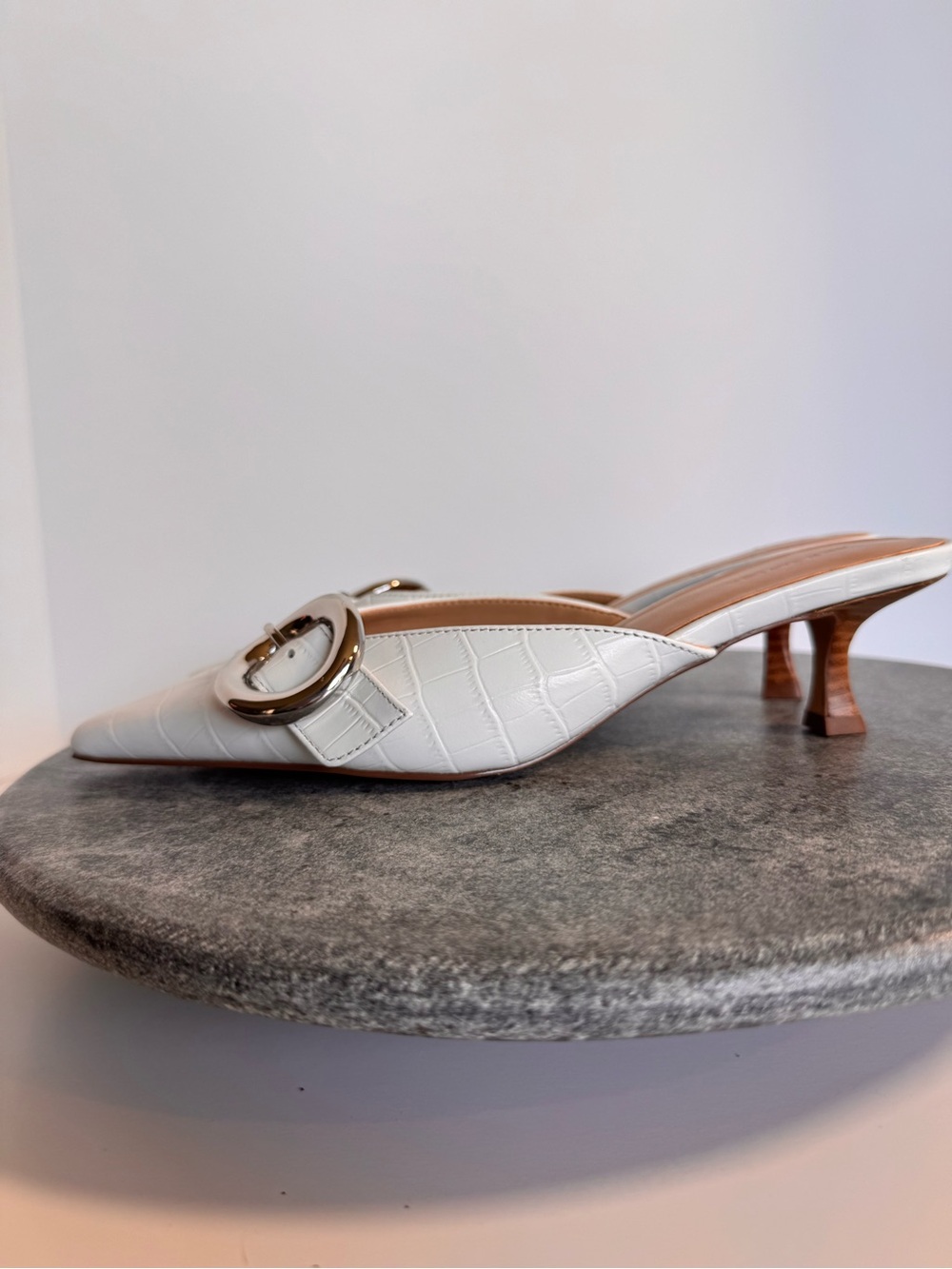 Ann Taylor White Leather Silver Pointed Toe Kitten Heels 6.5 - Picture 3 of 13
